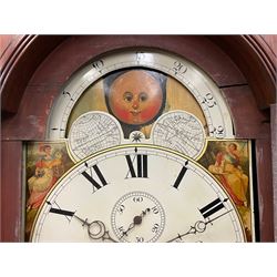 Nathaniel Dumville of Stockport - 8-day brass inlaid mahogany longcase clock c1840, swans neck pediment with ball and spire finials and wooden paterae, recessed break arch hood door flanked by rope twist pilasters, trunk with conforming pilasters and gothic ogee topped door, canted plinth raised on bracket feet, fully painted break arch dial with moon work and spandrels depicting the four seasons, centre with Roman numerals, minute track, subsidiary date and seconds dials, matching stamped brass hands, four pillar movement with an anchor escapement, rack striking on a bell. With weights and pendulum.
The Dumville family were prevalent Cheshire clockmakers working in Stockport 1820-42.
