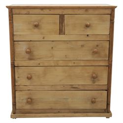 Victorian polished pine chest, straight front with panelled sides, fitted with two short and three long drawers, turned wooden handles