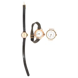 Three 9ct gold cased wristwatches, two on fabric straps