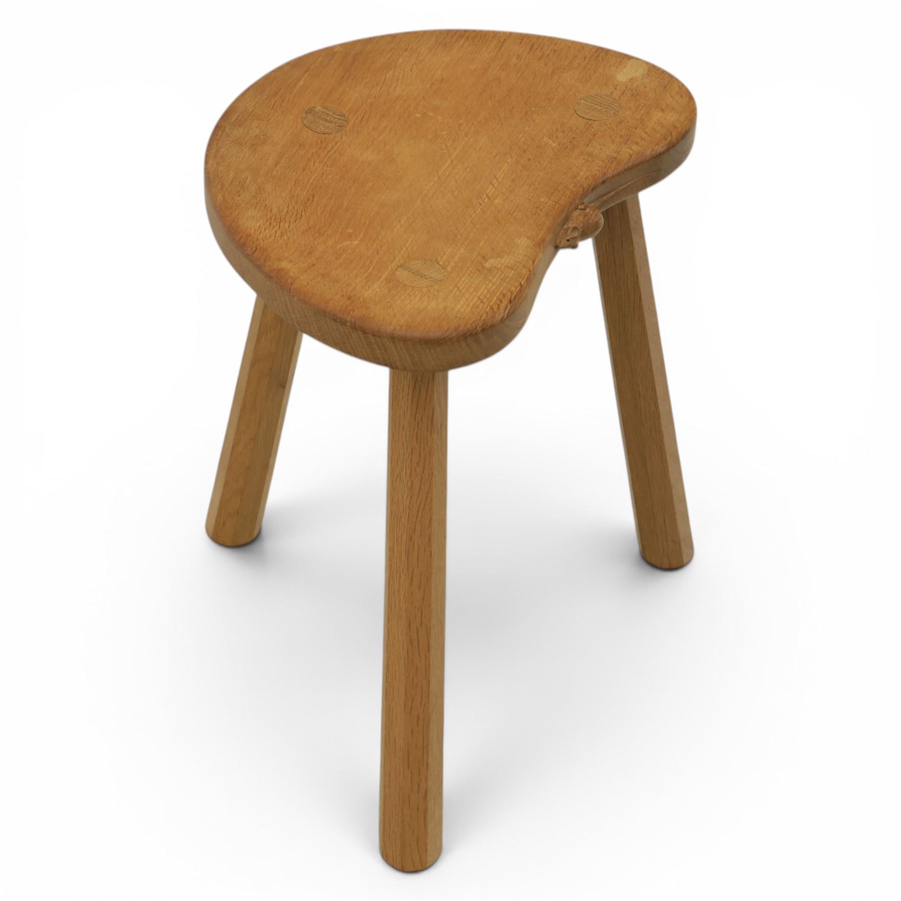 Mouseman - oak three legged cow stool, with carved mouse signature, by the workshop of Robert Thompson of Kilburn