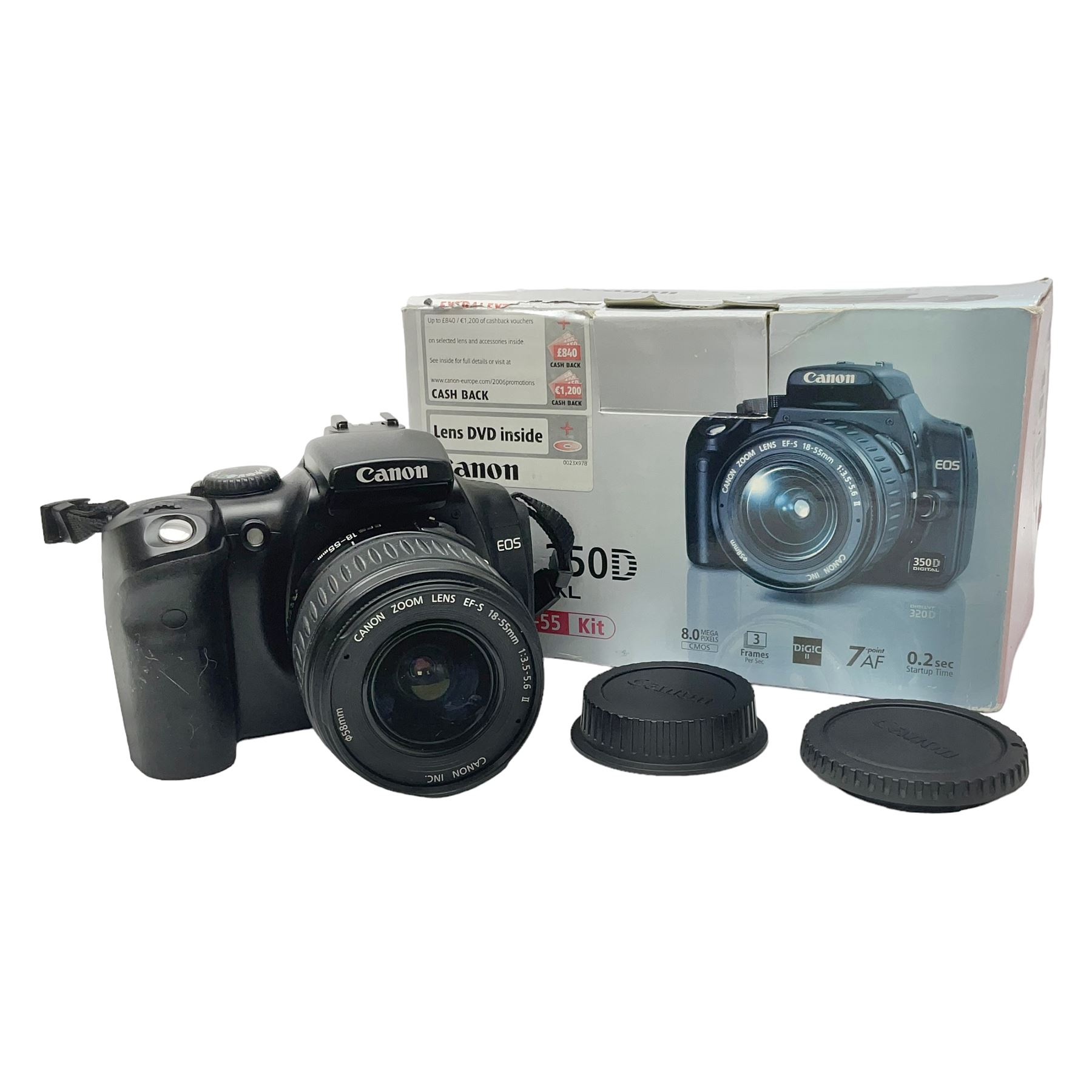 Canon EOS Digital Rebel camera body, serial no. 1960505067, with 'Canon Zoon EF-S 18-55mm 1:3.5-5.6 II' lens, in original box 