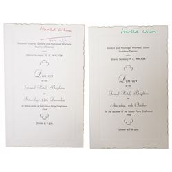 Two autograph books including sporting, entertainment and other autographs including Ricky Tomlinson, Steve Cram, Terence Stamp, members of Groove Armada, Geoffrey Boycott, JLS, Jimmy Carr etc over 120 signatures collected by G4 Security at Jersey Airport 2010-2012 and four menus with signatures of Harold Wilson, Jim Callaghan and other Labour Party politicians etc