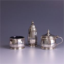 Mid 20th century three piece silver cruet set, comprising pepper shaker, open salt and mus...