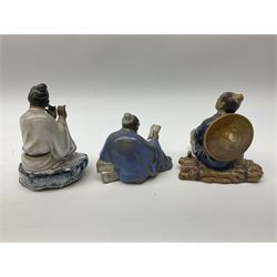 Tot measure in the form of a thimble inscribed 'Just a thimble full', three Chinese mud men ceramic figures and a cloisonné lidded vase (5)