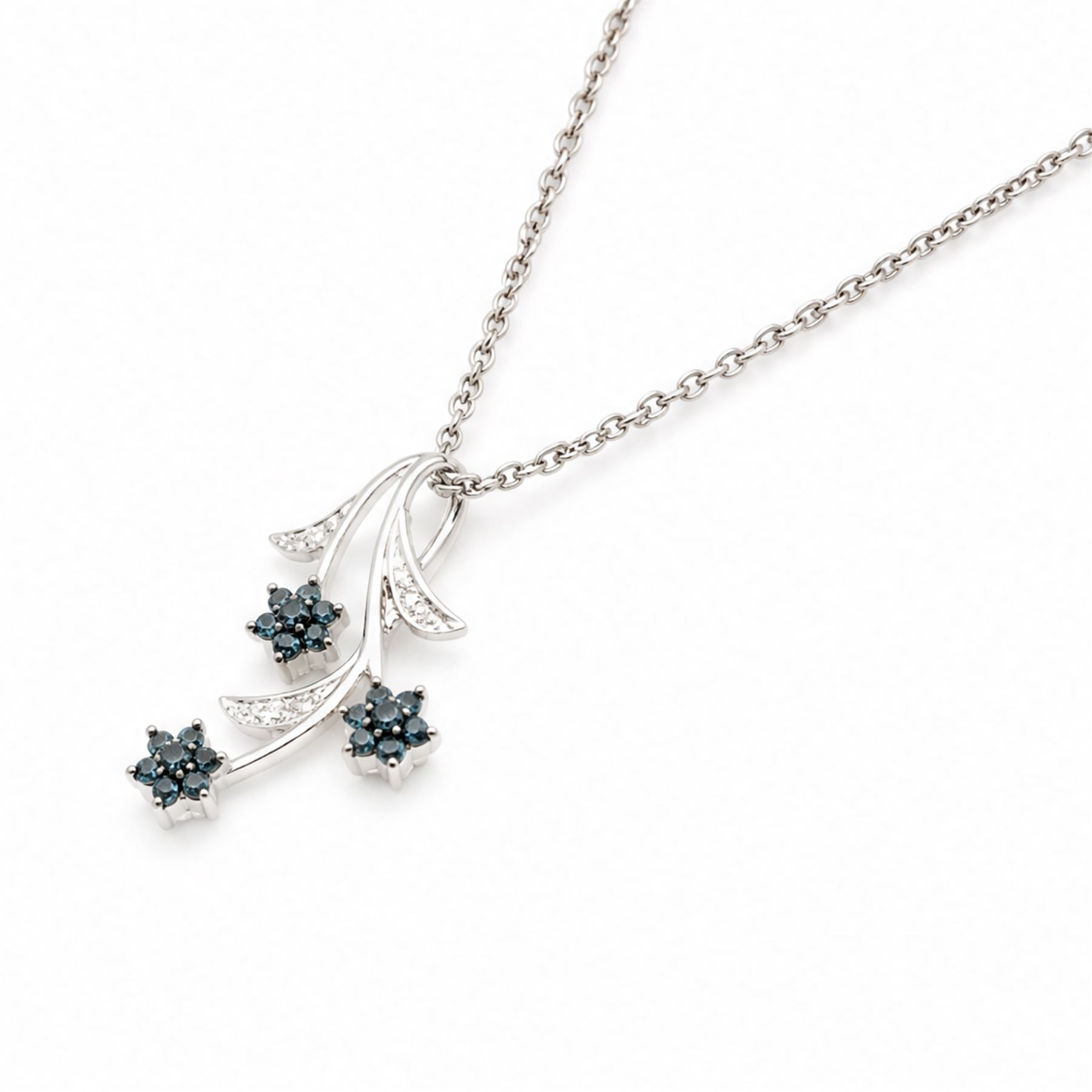 9ct white gold blue and white diamond flower pendant necklace, hallmarked