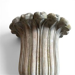 Cast stone tulip urn, petal rim with bell shaped bowl on squat base, stamped HGC; with associated plinth (2)