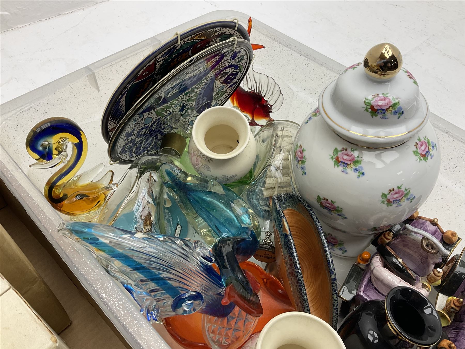 Quantity of boxed Saving the Gorillas in the Mist figures, boxed Royal Doulton glasses, art glass, ceramics etc in four boxes