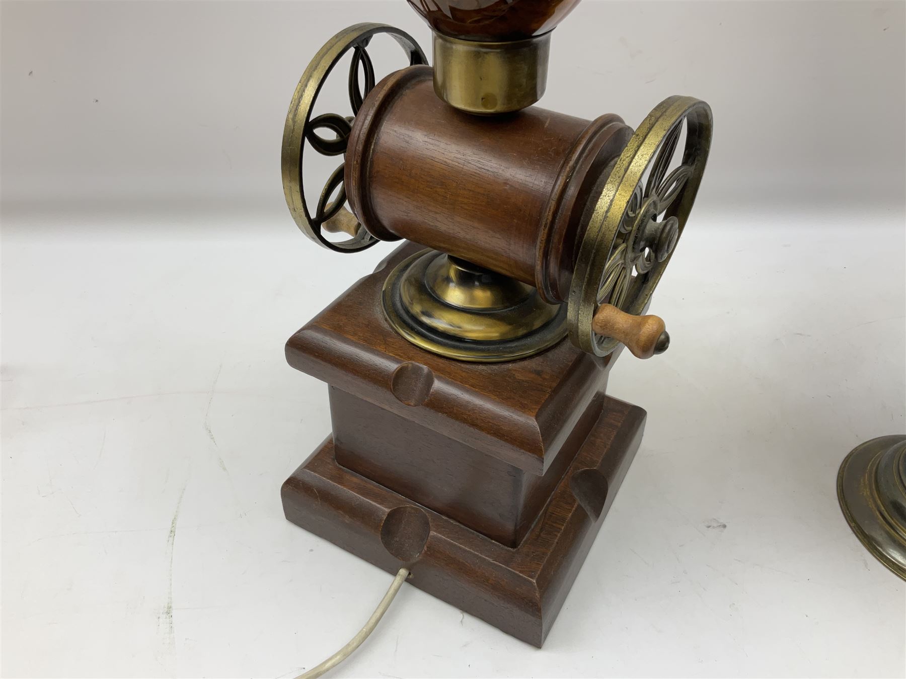 Table lamp and shade in the form of a vintage coffee grinder, together with a converted oil lamp, tallest example H94cm 