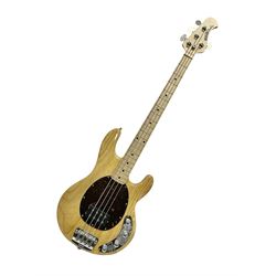 Ernie Ball Music Man Sting Ray 4 string bass guitar, in natural finish with roasted maple neck and tortoiseshell effect scratch guard, serial no 87485, in black Music Man hard case, guitar L114cm