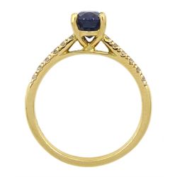 18ct gold oval sapphire ring, with round brilliant cut diamond set shoulders, hallmarked, sapphire approx 1.40 carat