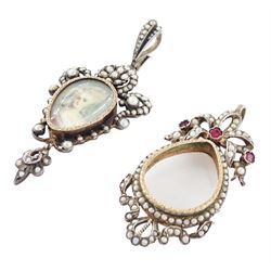 Two 19th century French silver pearl locket pendants, the first set with a pear shaped portrait miniature of a woman in 18th century dress on ivory, within a milled bezel and openwork split and seed pearl surround, the other of similar design with ribbon surmount and set with garnets and seed pearls, both hallmarked. This lot has been registered for sale under Section 10 of the APHA Ivory Act