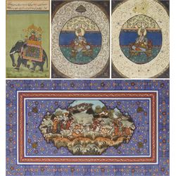 Four Mughal school watercolours, one pair depicting a couple upon thrones, an elephant pro...