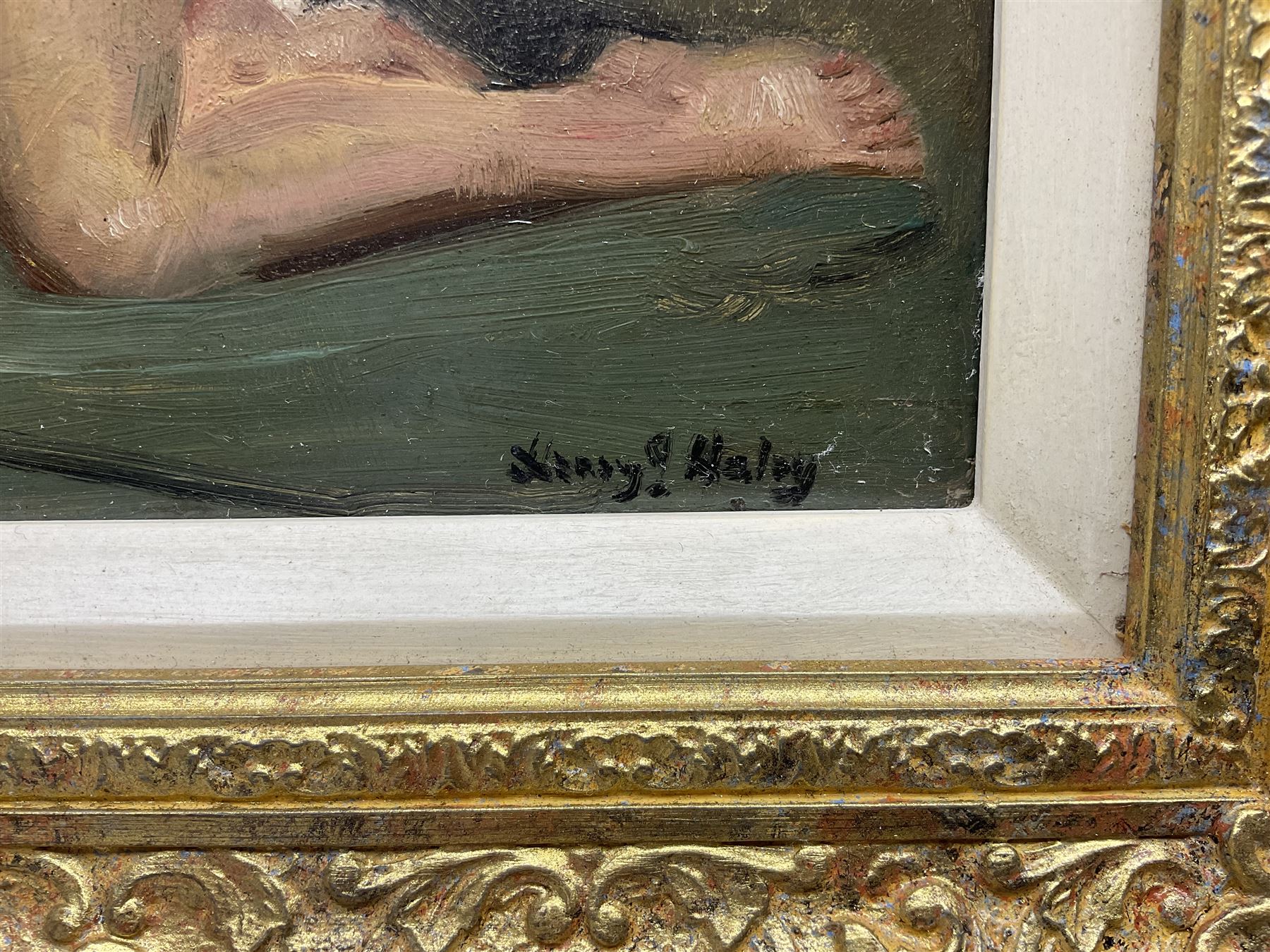 Henry James Haley (British 1874-1964): Reclining Nude, oil on panel signed 20cm x 25cm