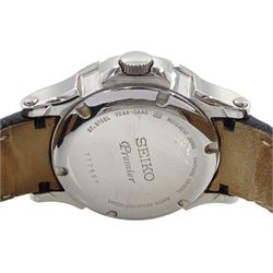 Seiko Premier kinetic perpetual gentleman's stainless steel wristwatch, on original black leather strap with fold-over clasp, boxed with original receipt dated 2009