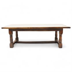 Jacobean design elm and oak refectory dining table, rectangular three plank top with cleated ends, moulded frieze rails on turned supports united by moulded stretcher rail