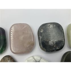 Fifteen mineral specimens, each cut and polished to highlight natural formations, including lapis lazuli, rose quartz, green aventurine, jasper, black obsidian etc, L4cm