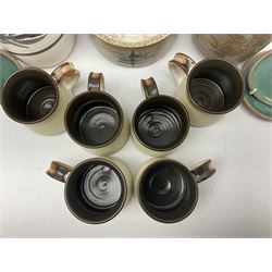 Collection of studio pottery, to include salt glaze vase with trailed decoration, impressed JH mark, possibly Joanna Still (nee Harrisson), set of six cups and vase by Diana Eden with impressed DE marks beneath, etc
