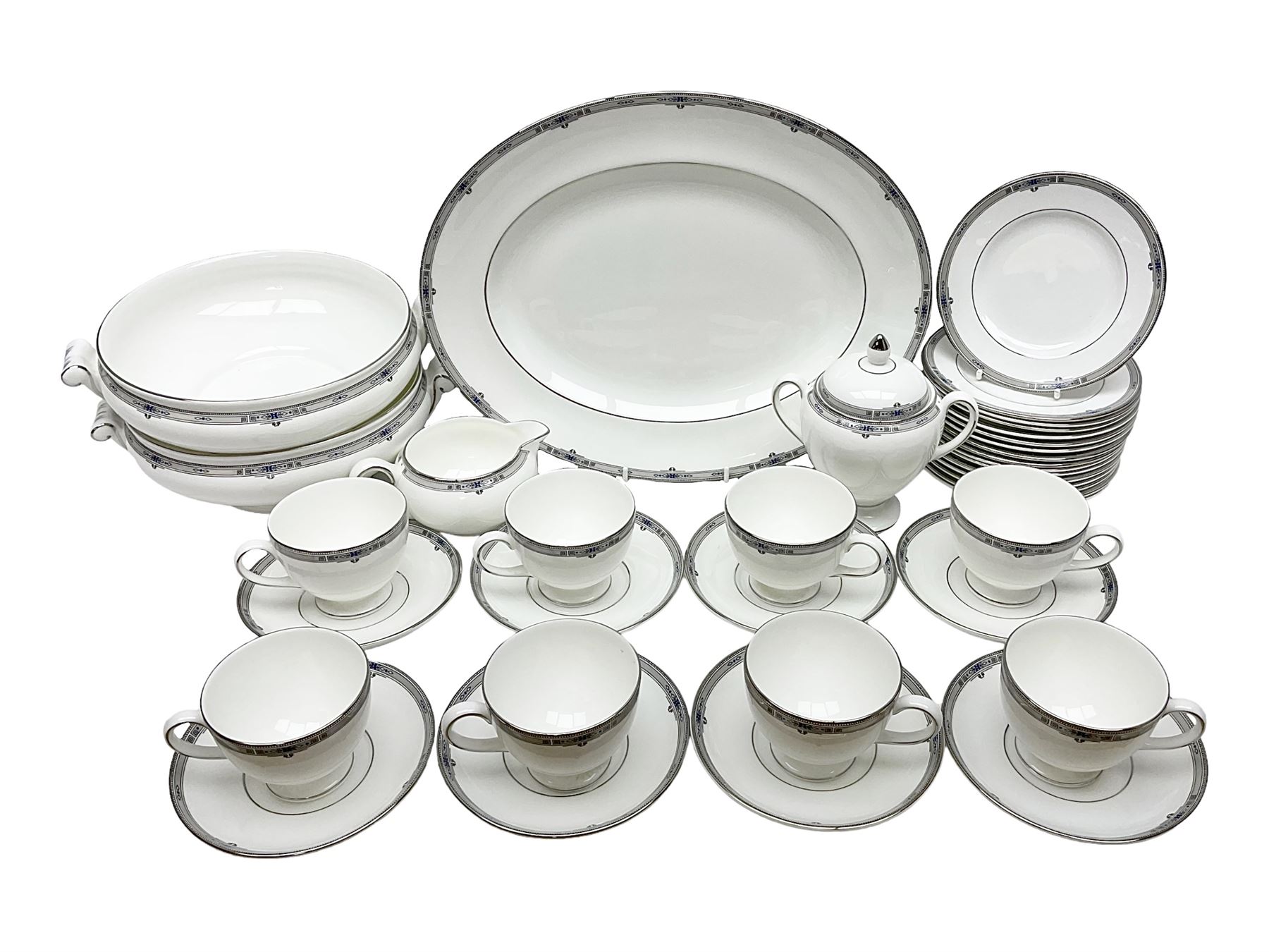 Wedgwood Amherst pattern part tea service, comprising eight cups and saucer, sixteen dessert plates, milk jug, covered sucrier, together with matching platter and two open serving dishes