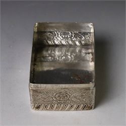 19th century Continental silver box, of rectangular form, the lift off cover with repousse figural scene, the base chased with vacant panels, acanthus scrolls and flower heads, unmarked, H4.5cm W8.5cm D5.5cm