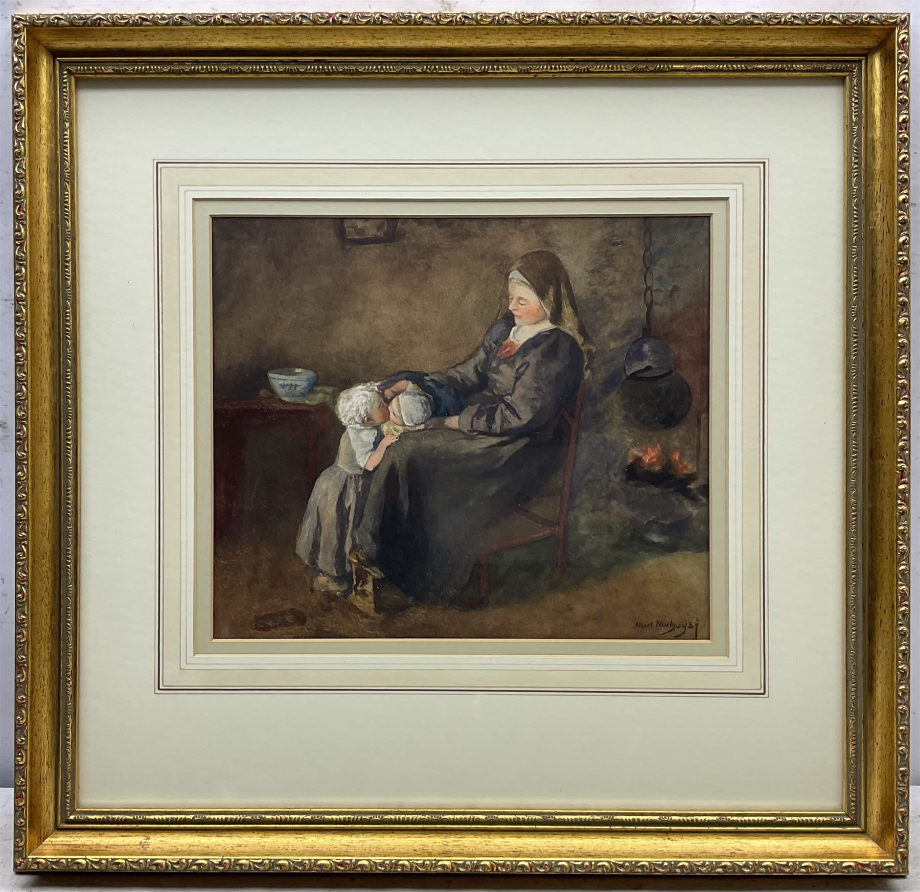 Albert Neuhuys (Dutch 1844-1914): 'A Fireside Scene', watercolour signed 30cm x 35cm