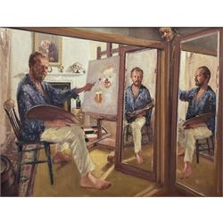 Neil Tyler (British 1945-): 'Yours Truly' - artist's self portrait, oil on board signed and dated '95, 74cm x 98cm
Provenance: the artist's private collection, illustrated 'Works from the Studio of Neil Tyler' pub. 2020; exh. Chelsea Art Society, label verso
