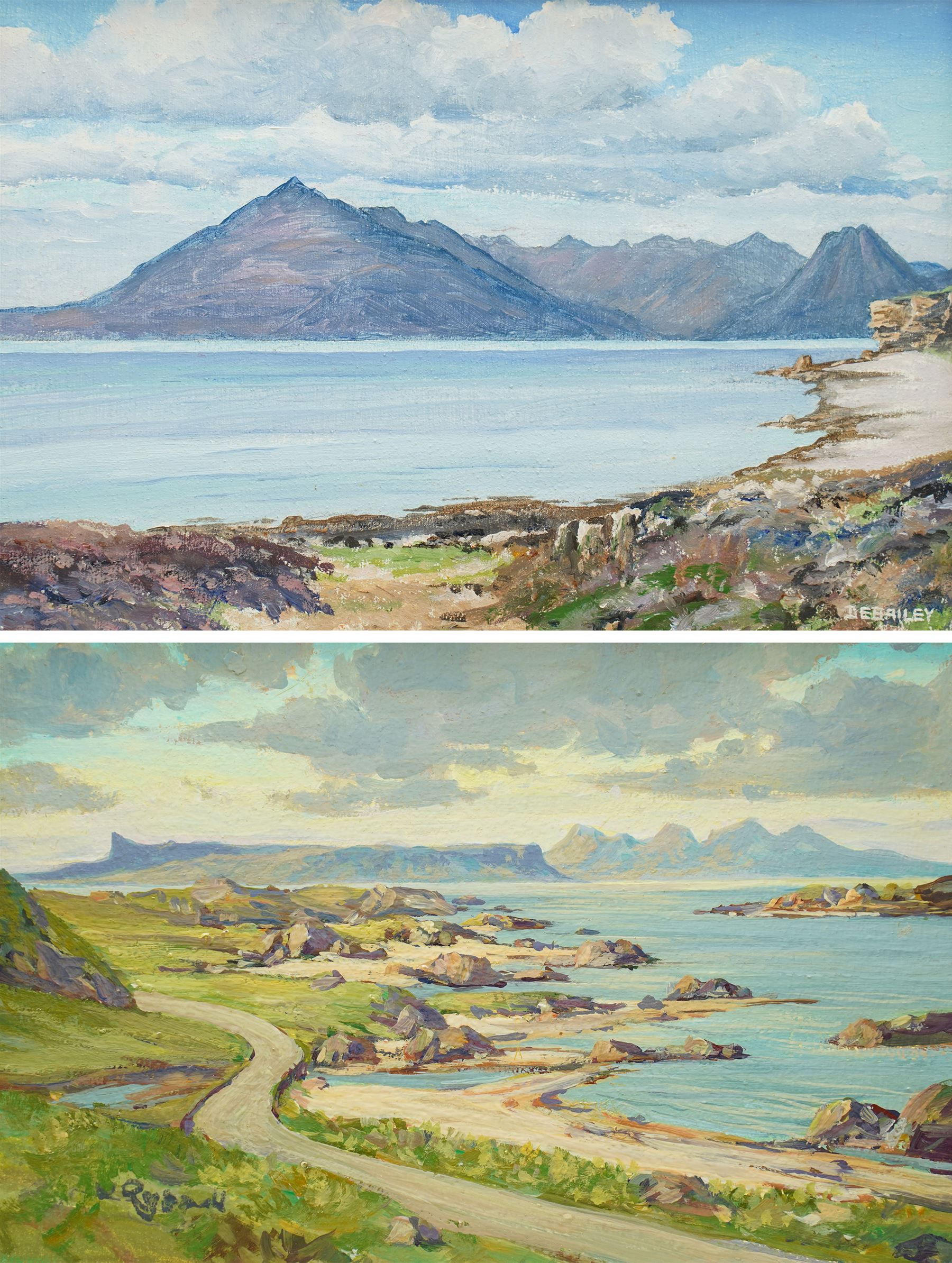DE Bailey (Scottish 20th century): 'The Cuillins from Elgol Skye', oil on board signed 19cm x 27cm; William Russell (Scottish 20th century): 'Rhum Eigg', oil on board signed 16cm x 25cm (2)