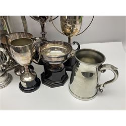 Collection of pewter and silver-plated trophy cups and presentation tankards, largest H28cm
