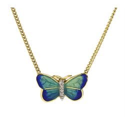 18ct gold green/blue enamel and diamond butterfly necklace, makers mark A & W (possibly Alabaster & Wilson), Birmingham 2014 