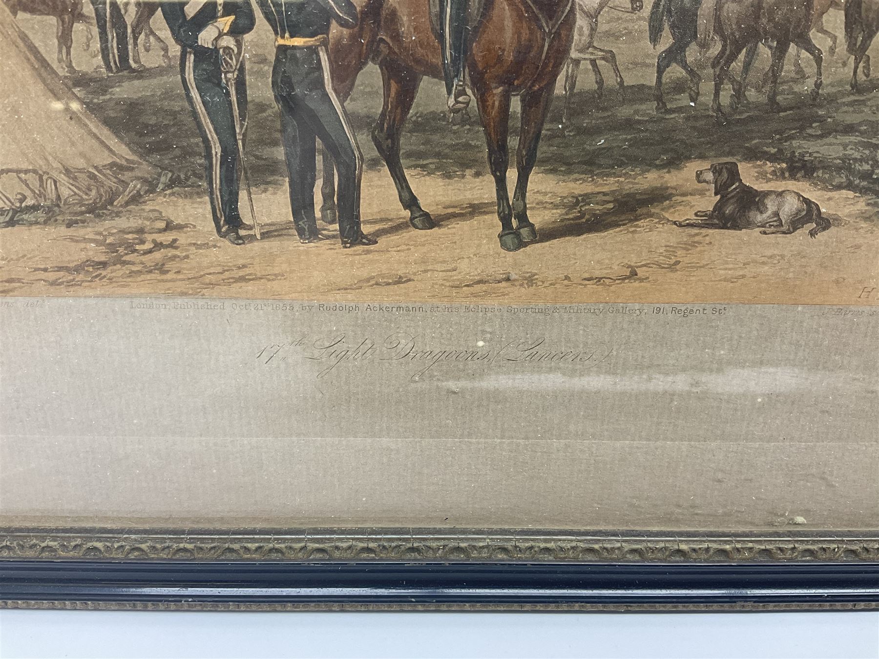 After Ackermann, Crimean War colour print in the Cobham Scenes series entitled '17th Light Dragoons (Lancers)', 15 x 19cm, Hogarth type frame; 19th century engraving of John Penn Private in the 17th Lancers, gilt frame; and oakframed colour print of a Napoleonic War scene (3)