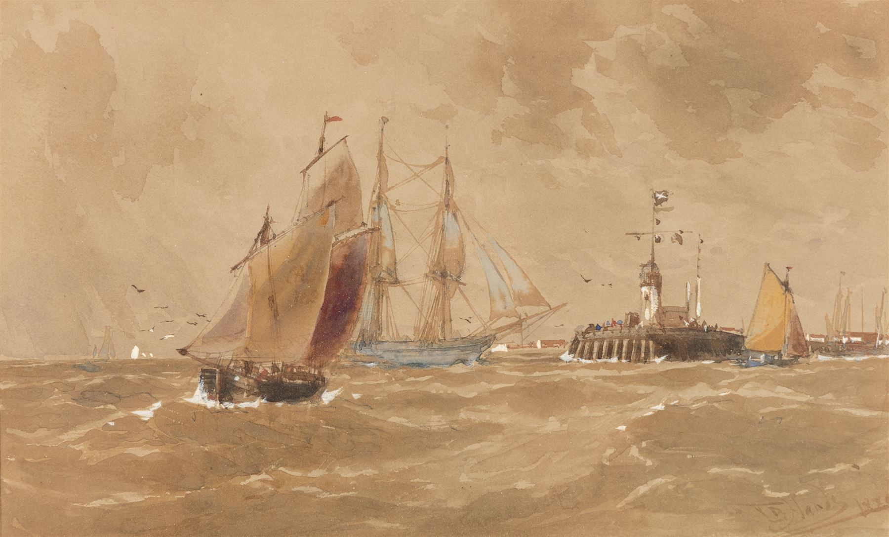 Thomas Bush Hardy (British 1842-1897): Sailboats on Choppy Seas - possibly Boulogne in France, watercolour signed and dated 1878, 15.5cm x 26cm 