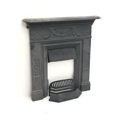  Victorian cast iron fireplace, moulded top, dentil frieze, W90cm, H99cm  