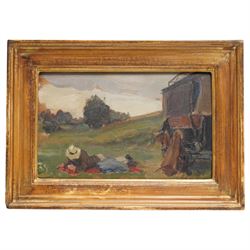 Edward Seago (British 1910-1974): 'Gypsy Caravan', oil on panel unsigned, titled on gallery label verso 12cm x 19.5cm 
Provenance: exh. Spink-Leger Pictures, Old Bond Street, London, label verso