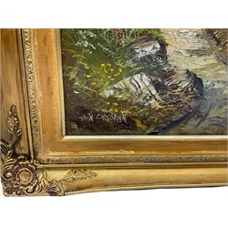 John Corcoran (British 1942-): Cottage in a Woodland Landscape, oil on canvas signed 60cm x 90cm