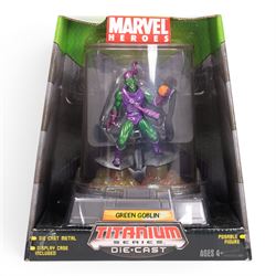 Marvel figures and models, comprising Gentle Giant Thor Collectible Mini Bust, Toy Biz Masterworks Marvel Legends 'The Battle For Gwen Stacey' model, Toy Biz 12 inch Collectors Edition Daredevil figurine, three Galoob Titanium Series Marvel Heroes figures, Funko Iron Man Bobble Head and a Museum Replicas Iron Man 2 Tony Stark's Heart Replica, all boxed