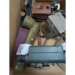 Two dumpy levels including Watts & Son ltd example and a Vickers Instruments example, US Navy bubble sextant, GT Price torch stamped US MX 991/U, 'The Unique' slide rule, three draw telescope and other instruments