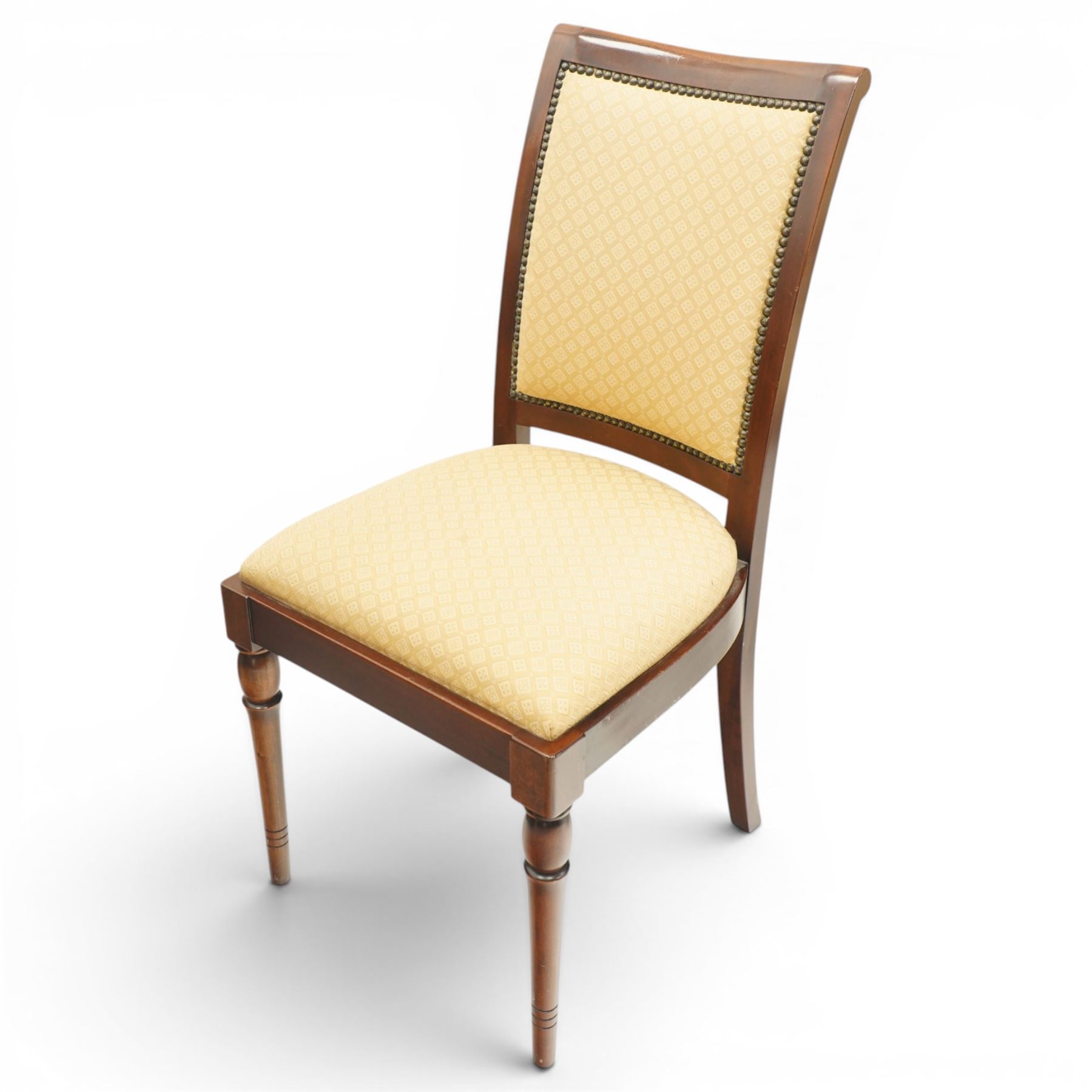 Georgian design mahogany twin pedestal extending dining table, rectangular rounded top on twin tripod pedestals with splayed supports, with additional leaf (W170cm D115cm H77cm); with set six (4+2) matching mahogany framed cameo-back dining chairs, upholstered in pale yellow lozenge patterned fabric (W57cm H94cm)