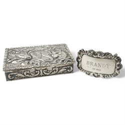 Spanish rectangular silver box, the hinged cover embossed with a hunting scene 9.5cm x 6cm 915 fineness mark and a silver decanter label 'Brandy'