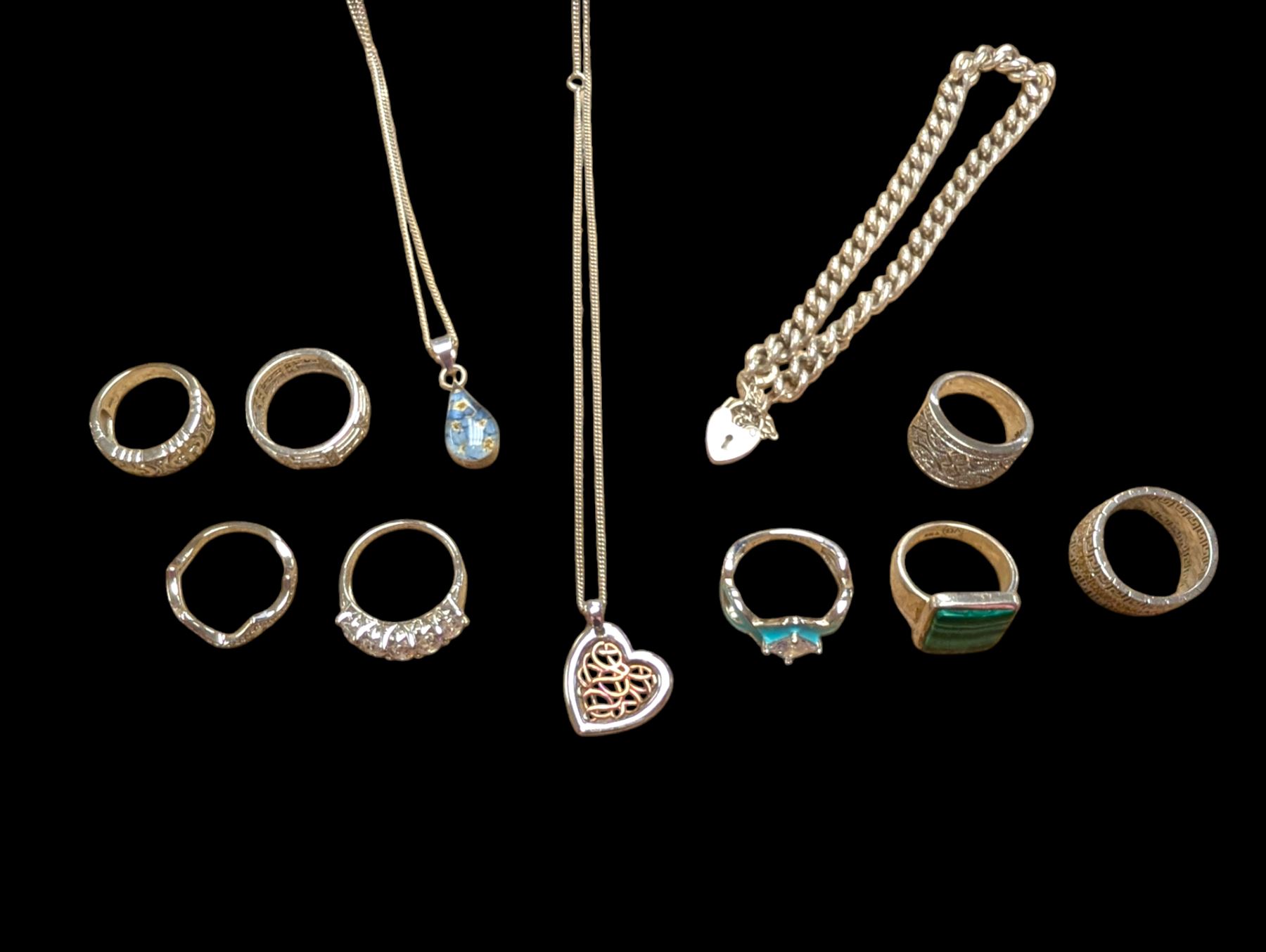 Clogau silver pendant necklace with Welsh gold detail, silver pendant necklace, silver chain bracelet and eight silver rings 