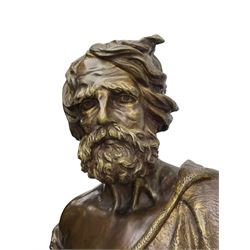 Large bronzed bust of a Greek scholar, upon socle base, and marble effect composition plinth, bronze H71cm, overall H162cm