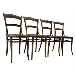 Jacob & Josef Kohn - set of four early 20th century Austrian bentwood chairs, each with carved decoration to the shaped backrest and shaped seat, on splayed supports with stretchers, marked with the manufacturer's stamp and paper label beneath