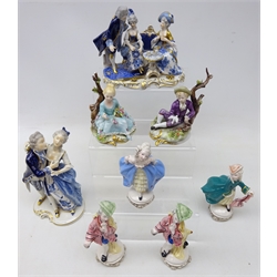  Unter Weiss Bach figural group, another similar German figural group, four Italian porcelain figures & pair Capodimonte figures (8)  