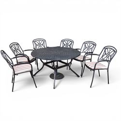 LeisureGrow - cast aluminium circular garden table, lattice design top, black finish; and six matching chairs with openwork back, complete with seat cushions and adjustable parasol