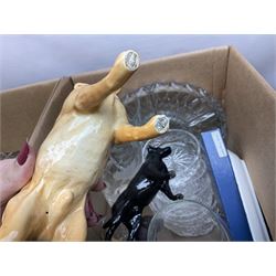 Royal Worcester Gold Chantilly pattern dish, Royal Doulton Naples pattern teapot, Beswick dogs (a/f), other ceramics and glassware to include Royal Doulton etc, die-cast to include Corgi etc, together with a quantity of cds, in five boxes