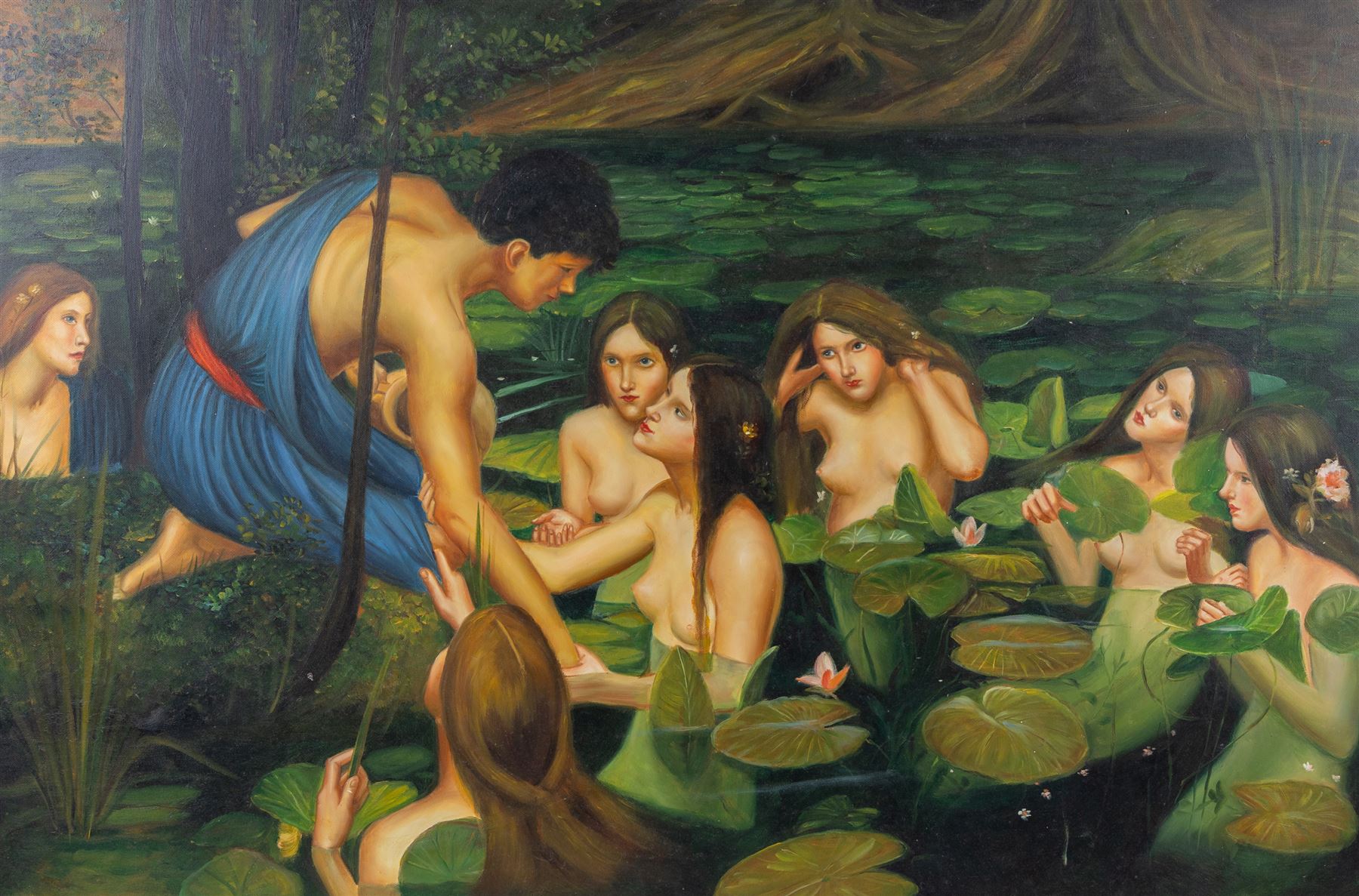 After John William Waterhouse (British 1849–1917): Hylas and the Nymphs, large oil on canvas unsigned 60cm x 90cm, in large gilt frame