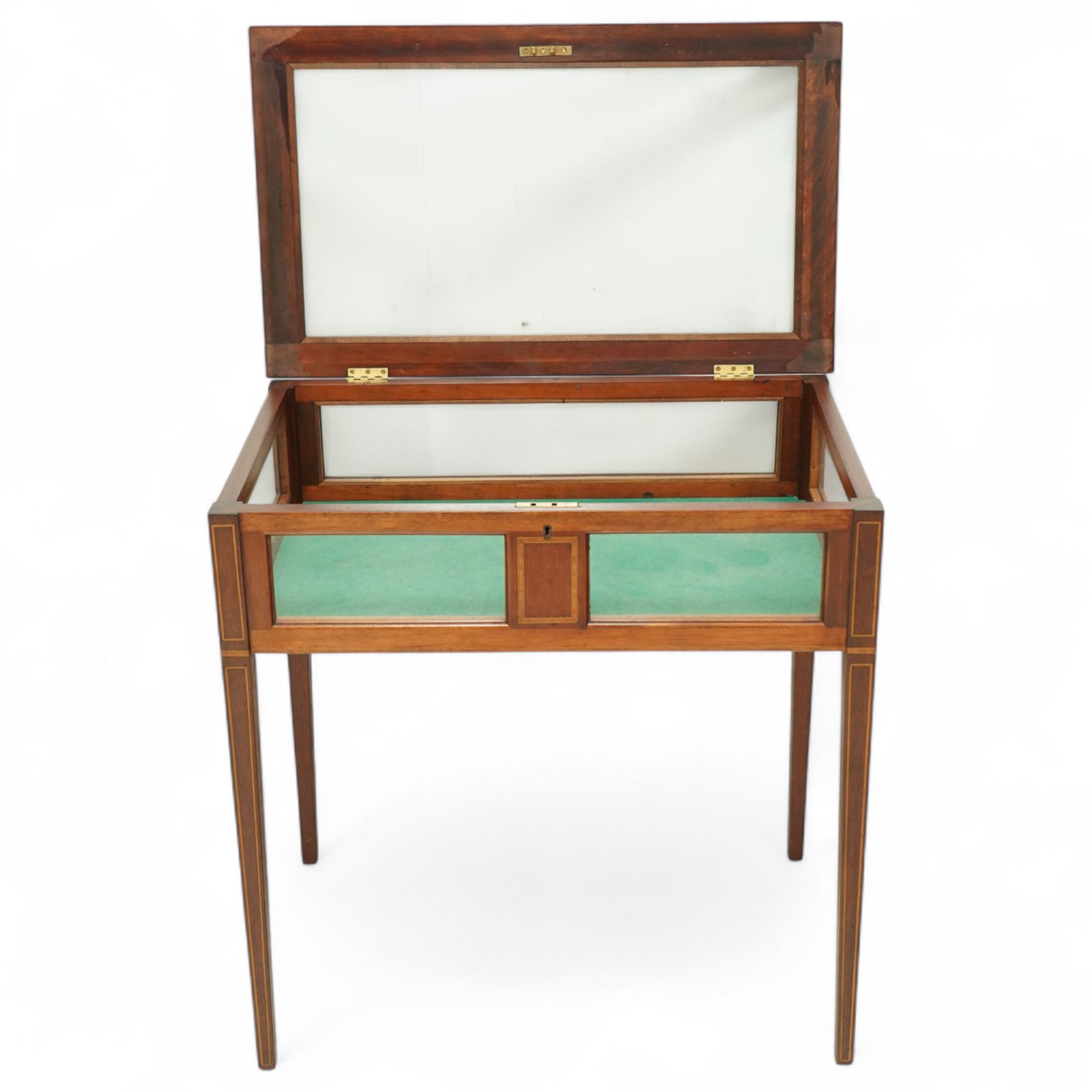 Edwardian satinwood and inlaid bijouterie table, rectangular hinged glazed top above a baize-lined interior, frieze with panelled inlay detail, raised on square tapered legs with boxwood and ebony stringing