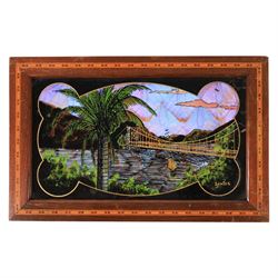 Mid-20th century butterfly wing picture, depicting the São Vicente Suspension Bridge in Sã...