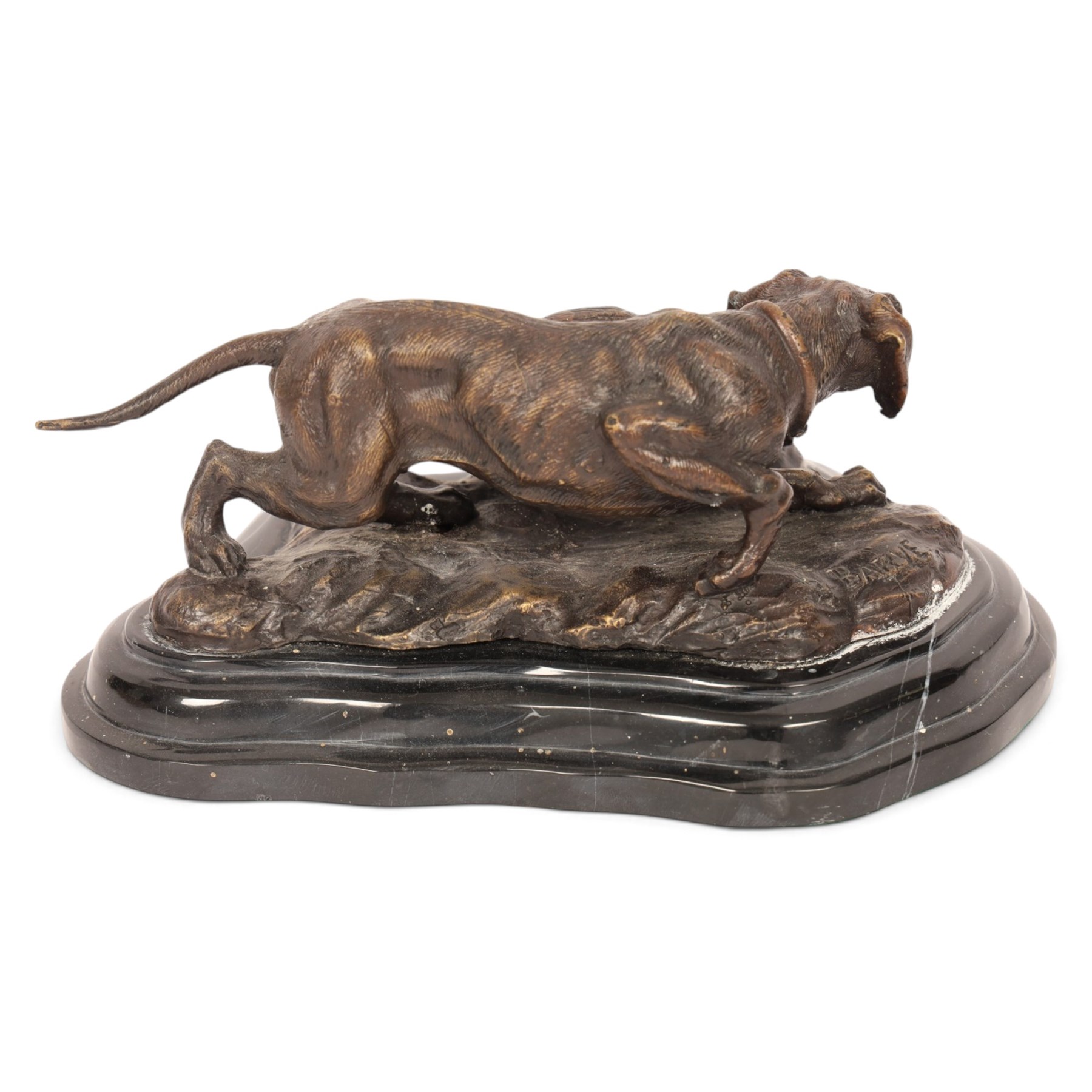 After Pierre Jules Mene, bronze sculpture of a hunting dog upon a marble base, H9cm 
