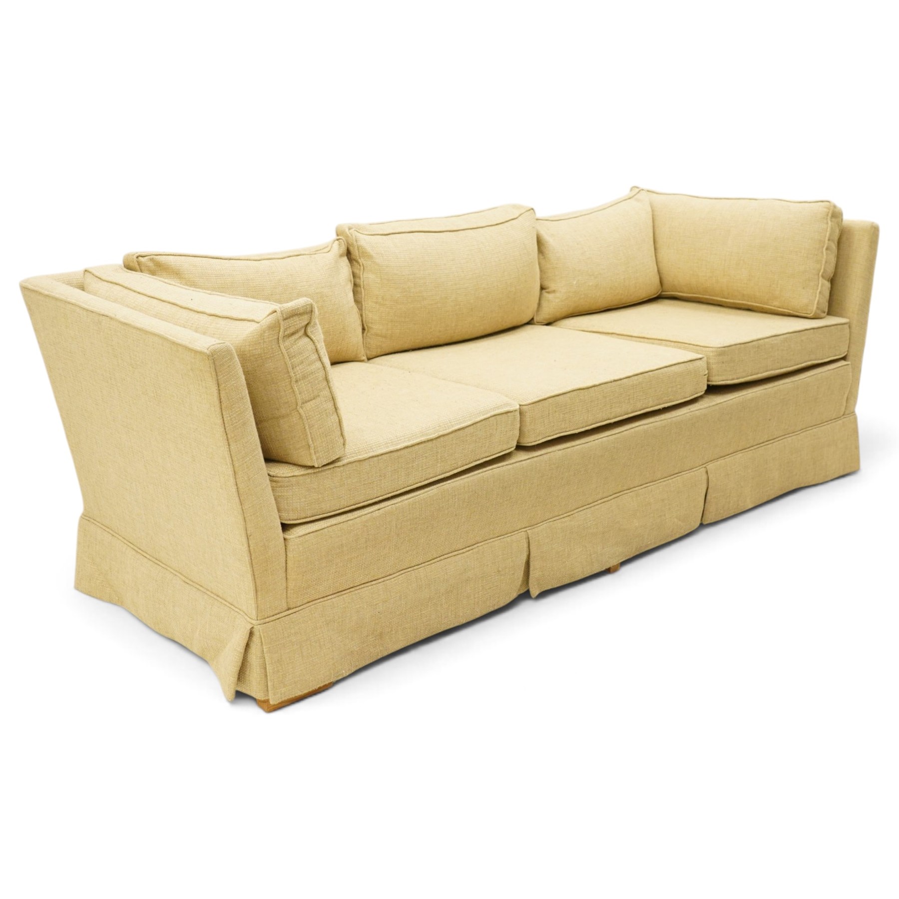Duresta - three seat sofa of traditional Knole shape, upholstered in neutral tweed-effect fabric with matching seat cushions