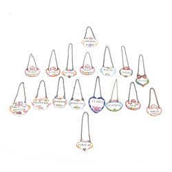 Seventeen mid 18th century and later enamel wine labels, one example of heart shaped form, the rest of cartouche and escutcheon form, various titles including Claret, Rum, Sloe Gin, Port, Whisky, Cowslip, Cherry-Brandy, etc., largest example W7cm 