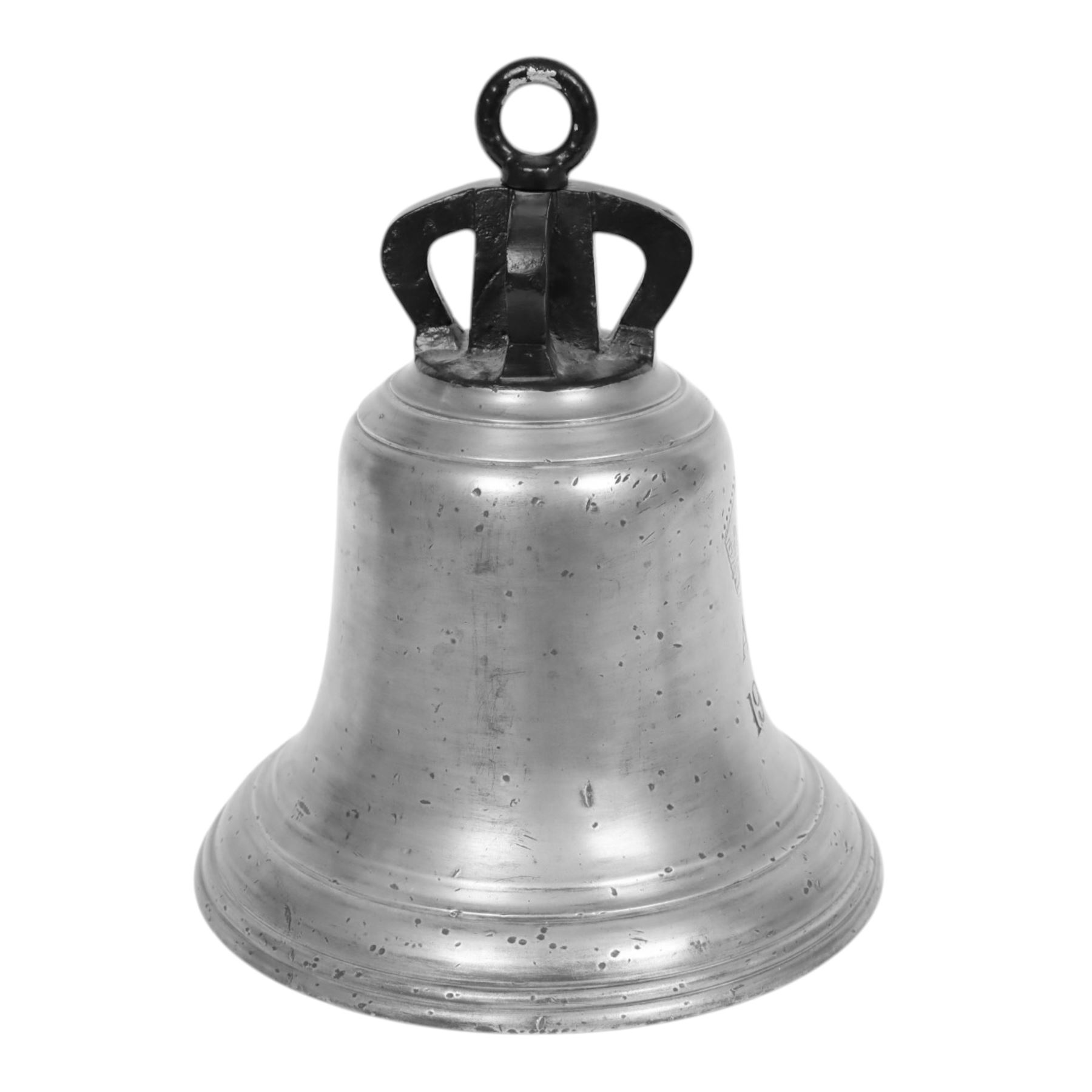 WWII RAF scramble bell, dated 1937, engraved with the large crowned Air Ministry motif infilled in red, with clanger and rope, H35cm
